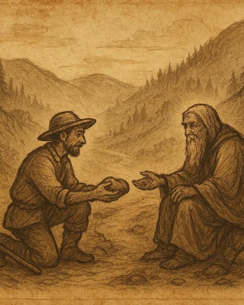 An illustration of a miner sharing food with a mountain spirit in the hills of Puebla, Mexican folktale.