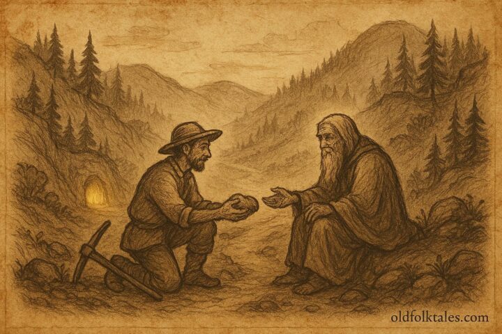 An illustration of a miner sharing food with a mountain spirit in the hills of Puebla, Mexican folktale.