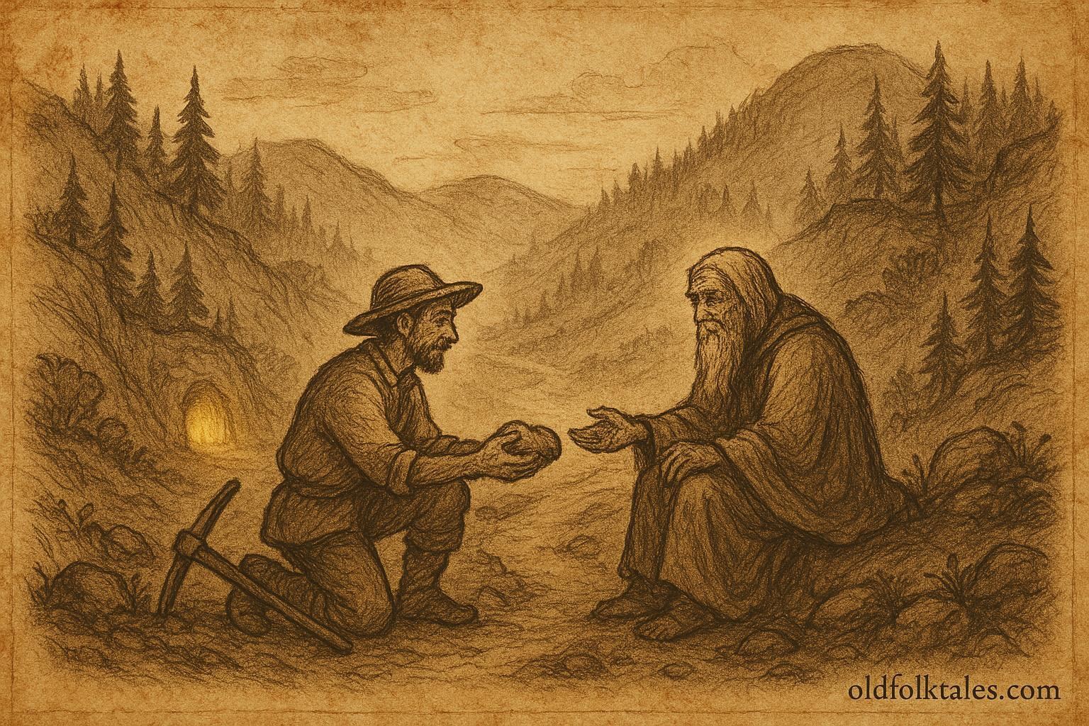 An illustration of a miner sharing food with a mountain spirit in the hills of Puebla, Mexican folktale.