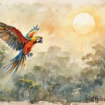 A colorful macaw flying toward the Sun, bringing rain and color to the forest, based on a Tukano and Desana folktale from the Amazon.