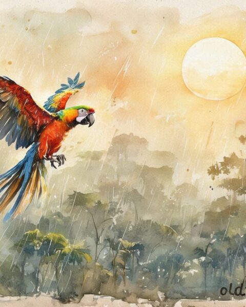A colorful macaw flying toward the Sun, bringing rain and color to the forest, based on a Tukano and Desana folktale from the Amazon.