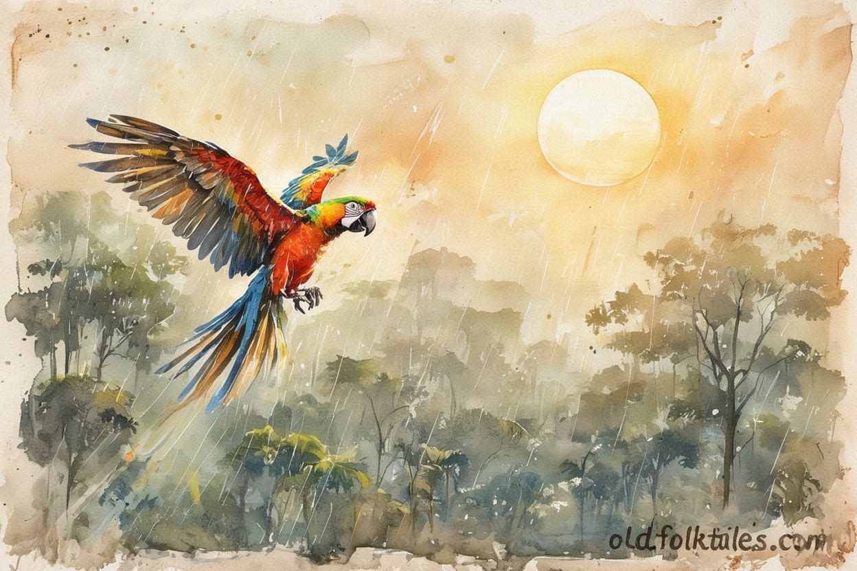 A colorful macaw flying toward the Sun, bringing rain and color to the forest, based on a Tukano and Desana folktale from the Amazon.