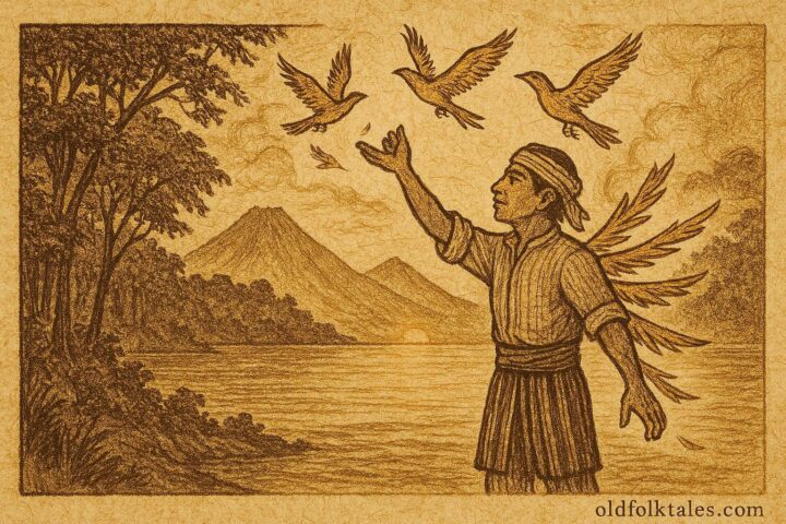 Parchment-style illustration of a Mayan farmer turning into a bird near Lake Atitlán, Guatemalan folktale.