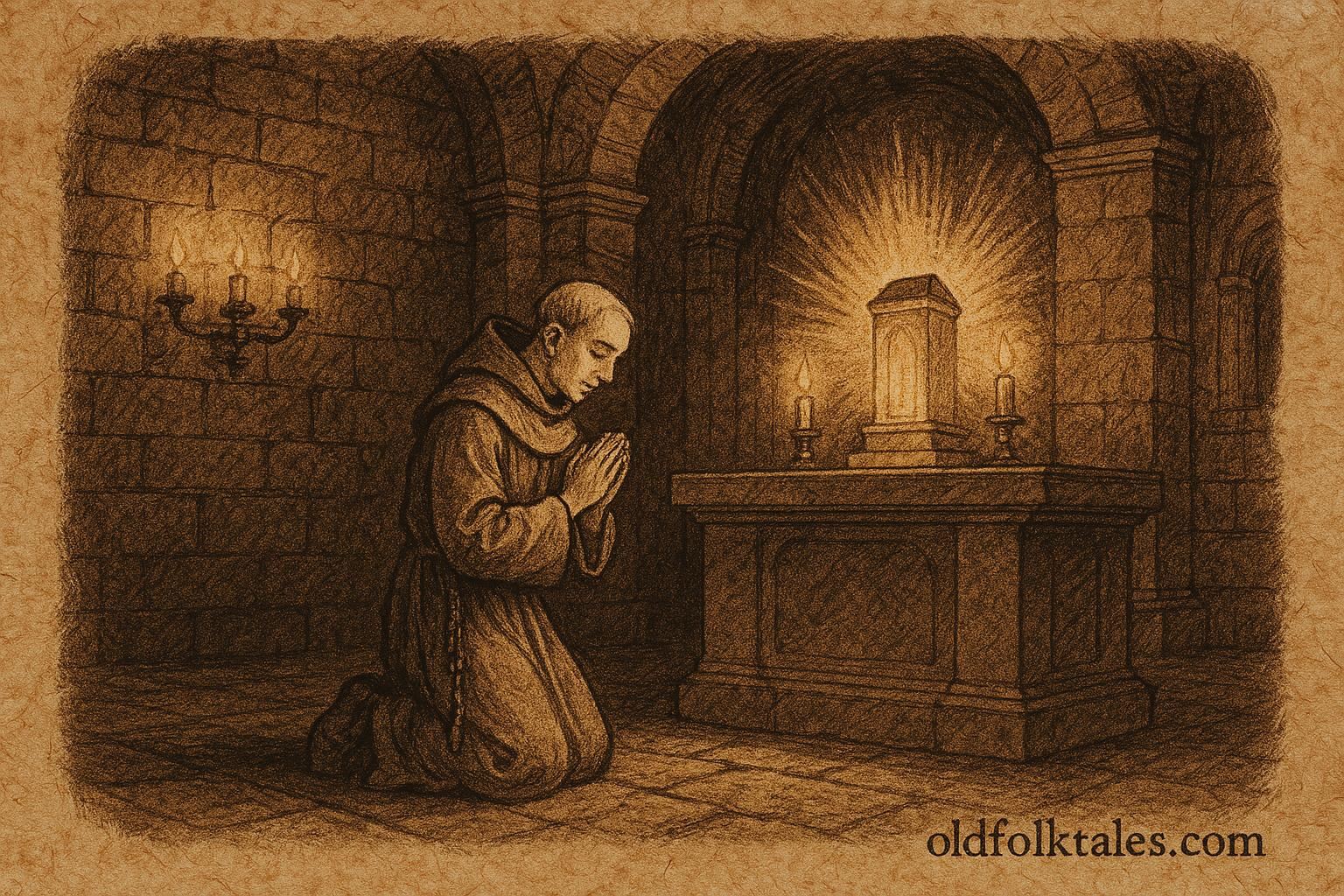 Parchment-style artwork of a praying monk before a glowing altar, colonial Mexican folktale scene.