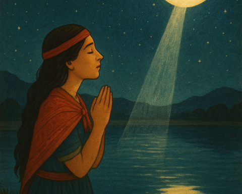 Illustration of the Quechua maiden prays beside a moonlit lake as a silver beam connects her reflection to the glowing Moon.