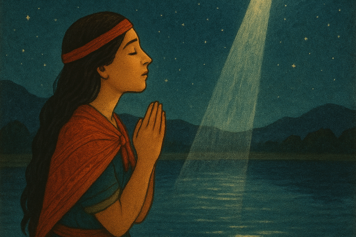 Illustration of the Quechua maiden prays beside a moonlit lake as a silver beam connects her reflection to the glowing Moon.