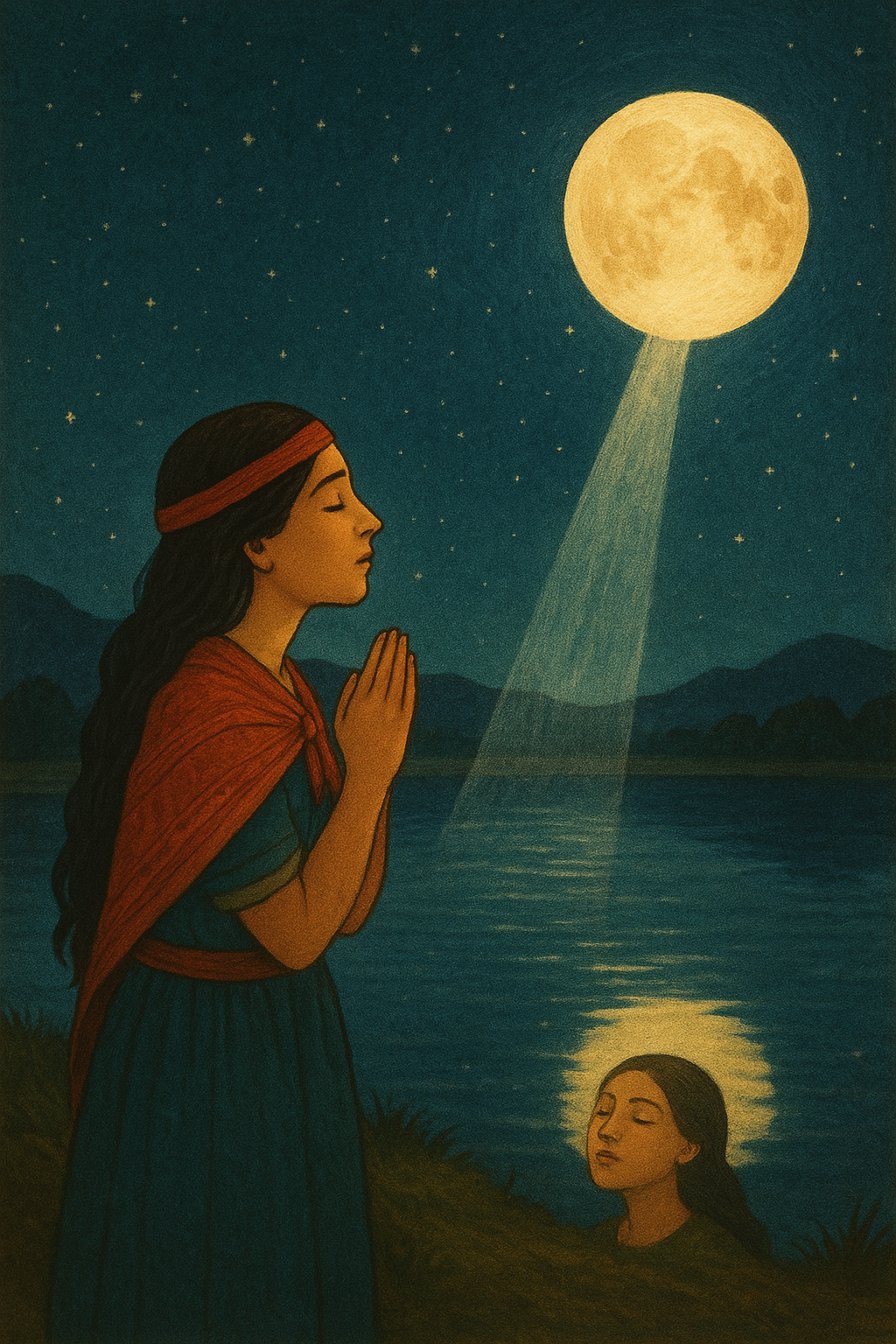 Illustration of the Quechua maiden prays beside a moonlit lake as a silver beam connects her reflection to the glowing Moon.
