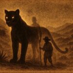 An illustration of a jaguar spirit protecting a shepherd in an Oaxacan valley, Mixtec and Zapotec folktale scene.