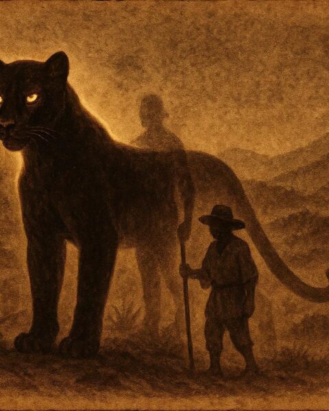 An illustration of a jaguar spirit protecting a shepherd in an Oaxacan valley, Mixtec and Zapotec folktale scene.