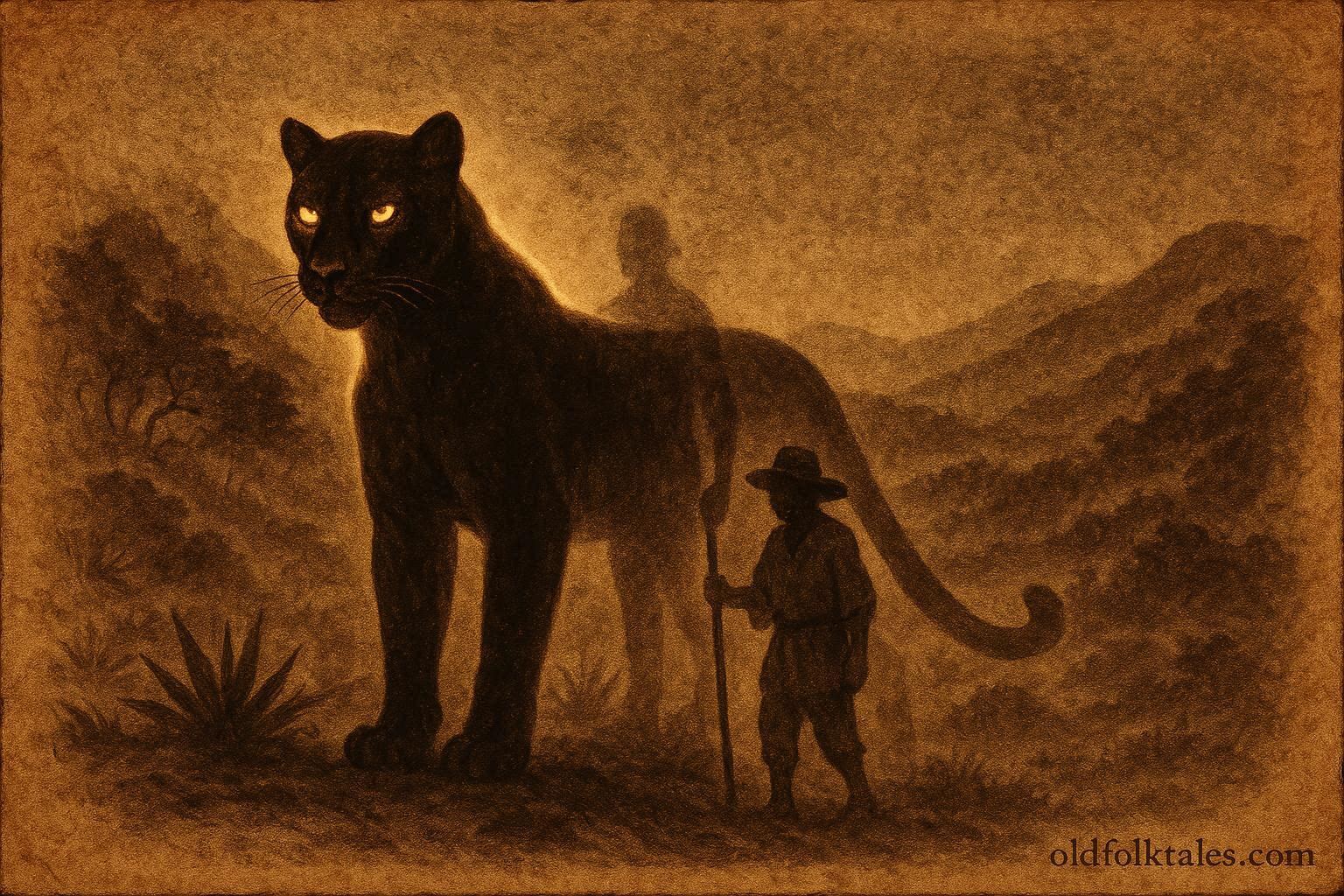 An illustration of a jaguar spirit protecting a shepherd in an Oaxacan valley, Mixtec and Zapotec folktale scene.