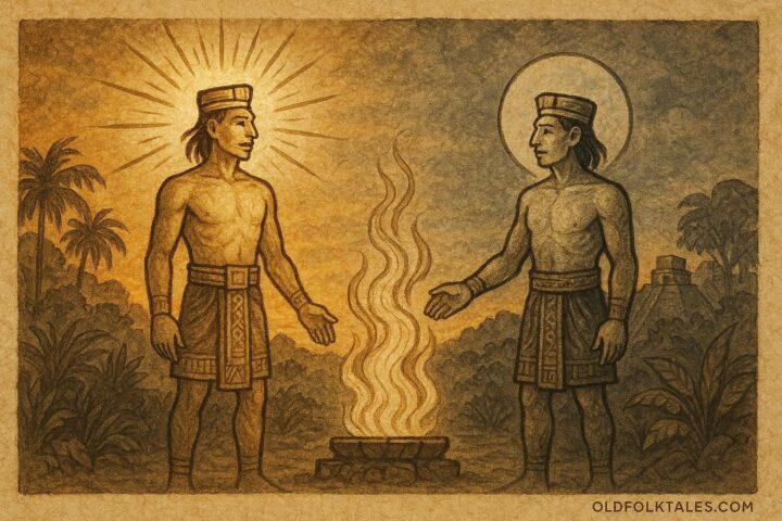 An illustration of two Mayan brothers becoming the Sun and Moon, Yucatec Maya folktale scene.
