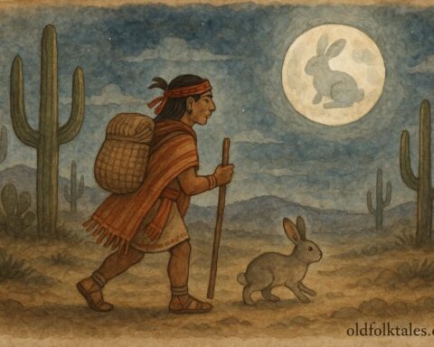 A traveler and a rabbit under a bright moon showing the rabbit’s shape, from a Nahua folktale in Mexico.