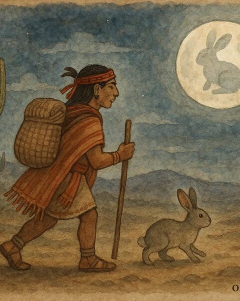 A traveler and a rabbit under a bright moon showing the rabbit’s shape, from a Nahua folktale in Mexico.