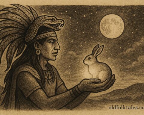 Parchment-style artwork of Quetzalcóatl lifting a rabbit toward the moon, Aztec folktale scene from Mexico.