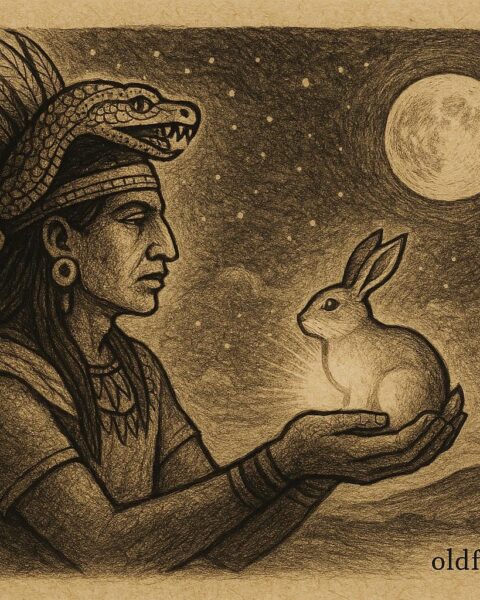 Parchment-style artwork of Quetzalcóatl lifting a rabbit toward the moon, Aztec folktale scene from Mexico.