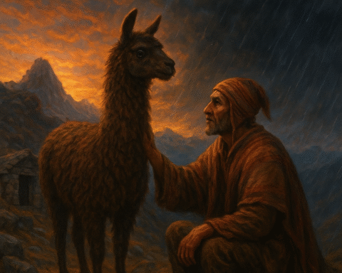 Illustration of The herdsman and his loyal llama share on the mountain before a great flood.