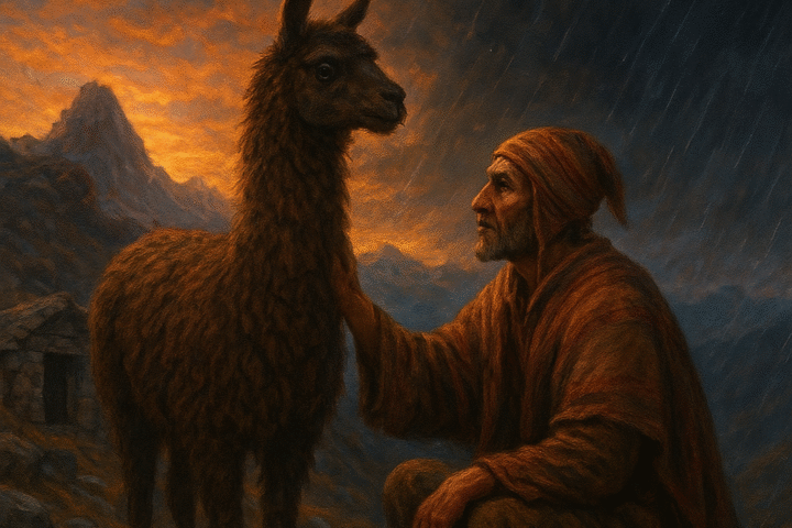Illustration of The herdsman and his loyal llama share on the mountain before a great flood.