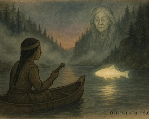 Stó:lō fisherwoman in a canoe follows a glowing salmon through a misty river as her grandmother’s spirit appears, symbolizing the sacred bond between life and ancestors.
