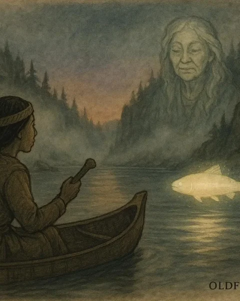 Stó:lō fisherwoman in a canoe follows a glowing salmon through a misty river as her grandmother’s spirit appears, symbolizing the sacred bond between life and ancestors.