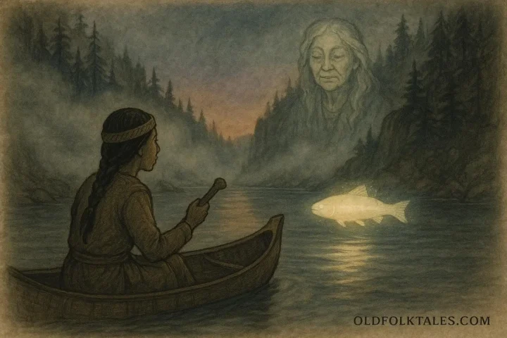 Stó:lō fisherwoman in a canoe follows a glowing salmon through a misty river as her grandmother’s spirit appears, symbolizing the sacred bond between life and ancestors.