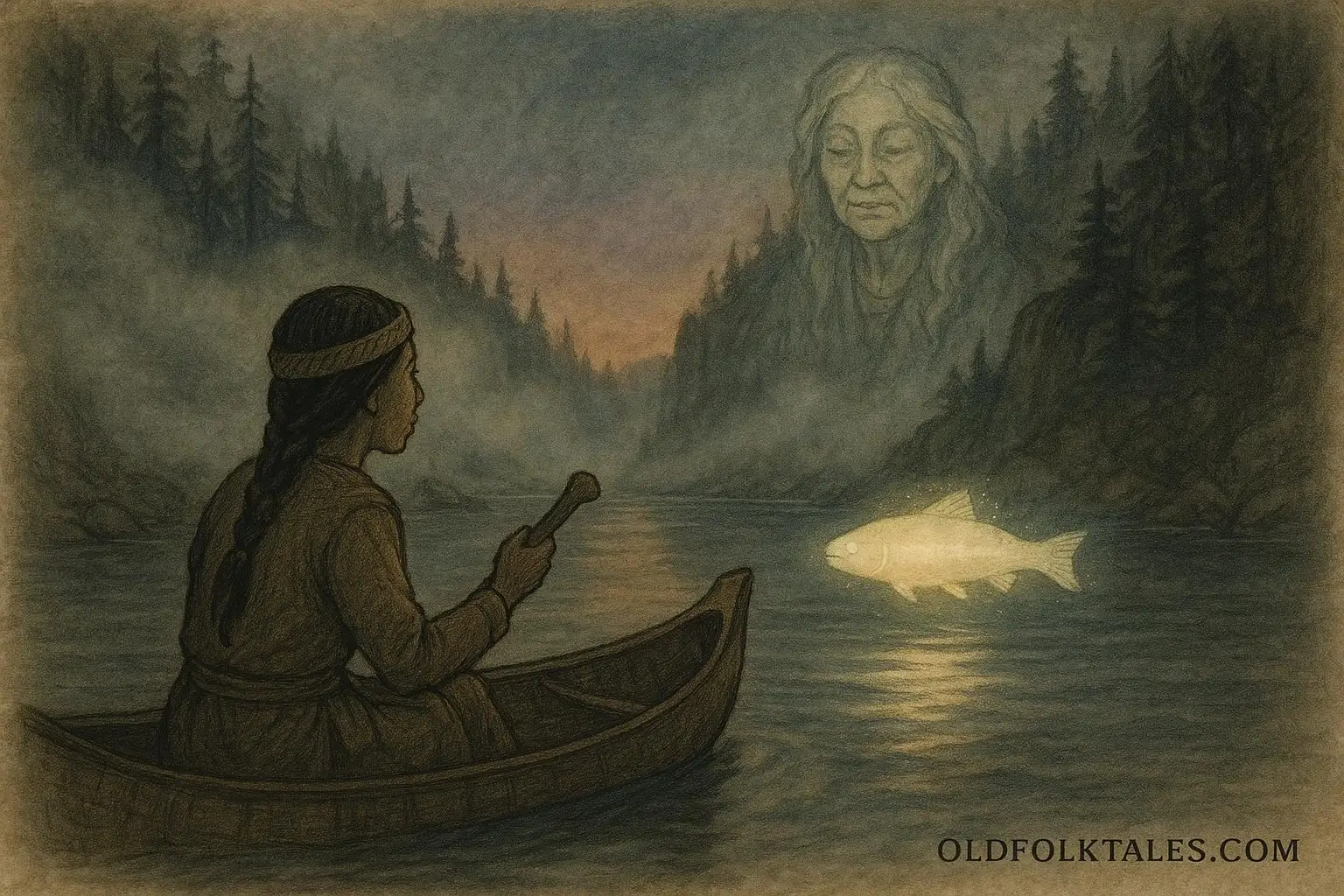 Stó:lō fisherwoman in a canoe follows a glowing salmon through a misty river as her grandmother’s spirit appears, symbolizing the sacred bond between life and ancestors.