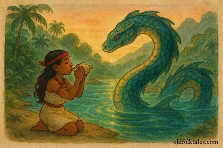 A Taíno girl playing a flute beside the water serpent Guakare by a tropical river, Caribbean folktale scene.