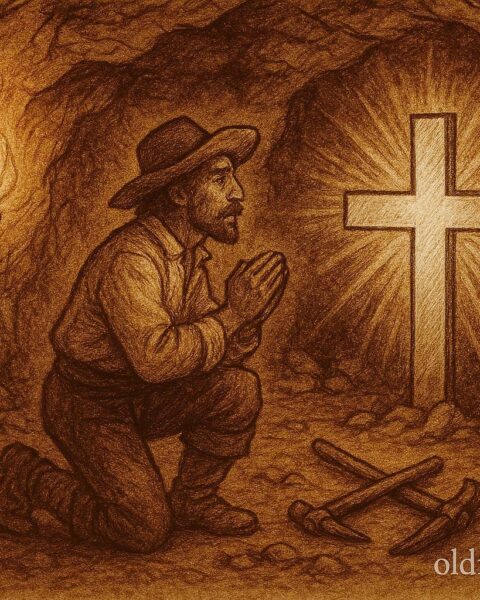Illustration of a miner discovering a glowing silver cross inside a 17th-century Taxco silver mine.