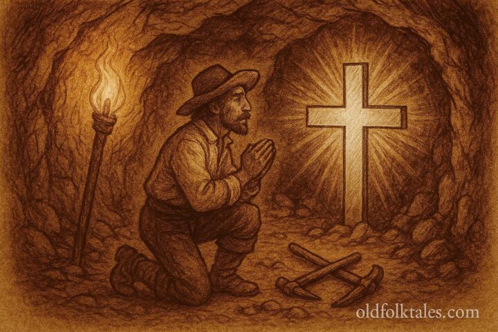 Illustration of a miner discovering a glowing silver cross inside a 17th-century Taxco silver mine.