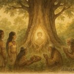 Taíno villagers honoring the sacred Ceiba tree, with the faint spirit of a child among its roots, Caribbean folktale scene.