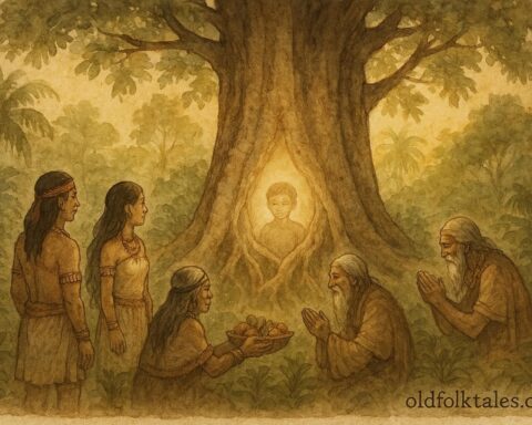 Taíno villagers honoring the sacred Ceiba tree, with the faint spirit of a child among its roots, Caribbean folktale scene.