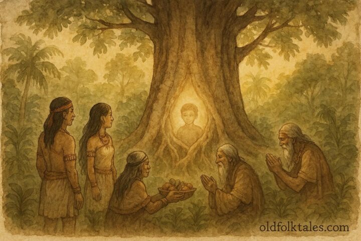 Taíno villagers honoring the sacred Ceiba tree, with the faint spirit of a child among its roots, Caribbean folktale scene.