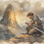 A warrior facing the glowing mountain spirit under stormy skies, inspired by a Quechua folktale from the Andes