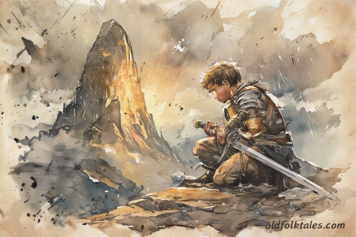 A warrior facing the glowing mountain spirit under stormy skies, inspired by a Quechua folktale from the Andes