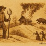Parchment-style artwork of a Pennsylvania farmer by a burning hill shack as villagers watch, American folktale scene.