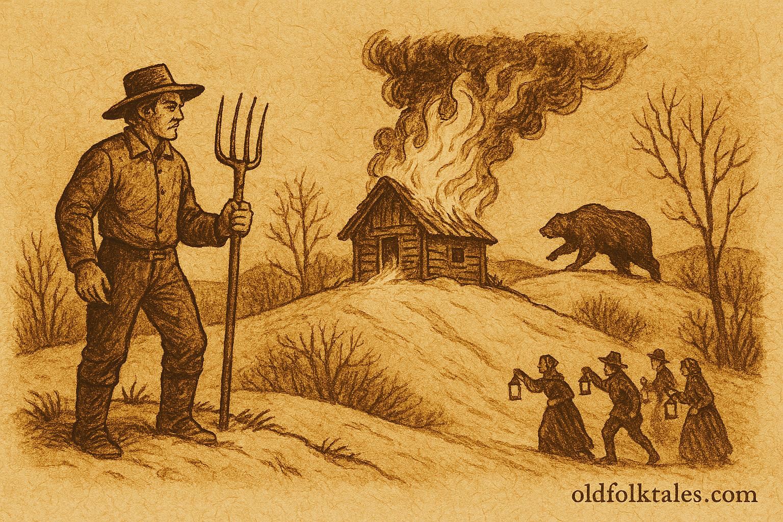 Parchment-style artwork of a Pennsylvania farmer by a burning hill shack as villagers watch, American folktale scene.