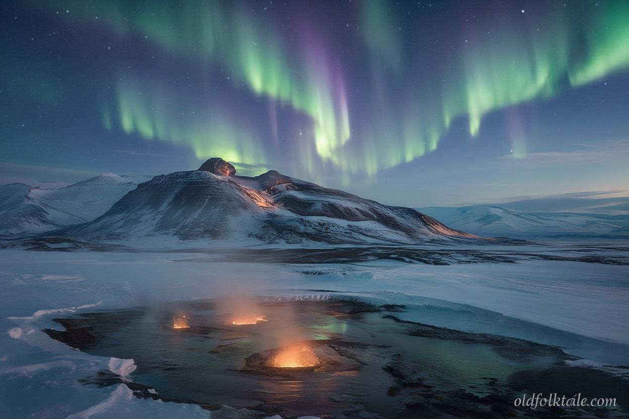 A mountain shaped like a woman glowing beneath the northern lights, from an Inuit legend about love and sacrifice.