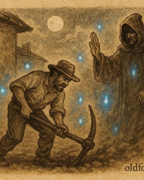Parchment-style artwork of miner Ignacio meeting a ghostly friar under moonlight, Mexican colonial folktale scene.