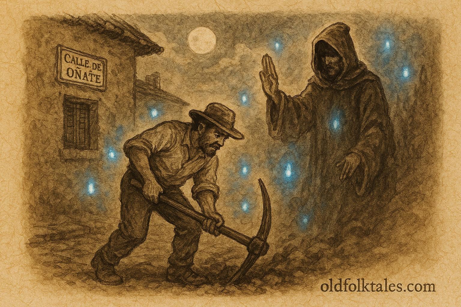 Parchment-style artwork of miner Ignacio meeting a ghostly friar under moonlight, Mexican colonial folktale scene.