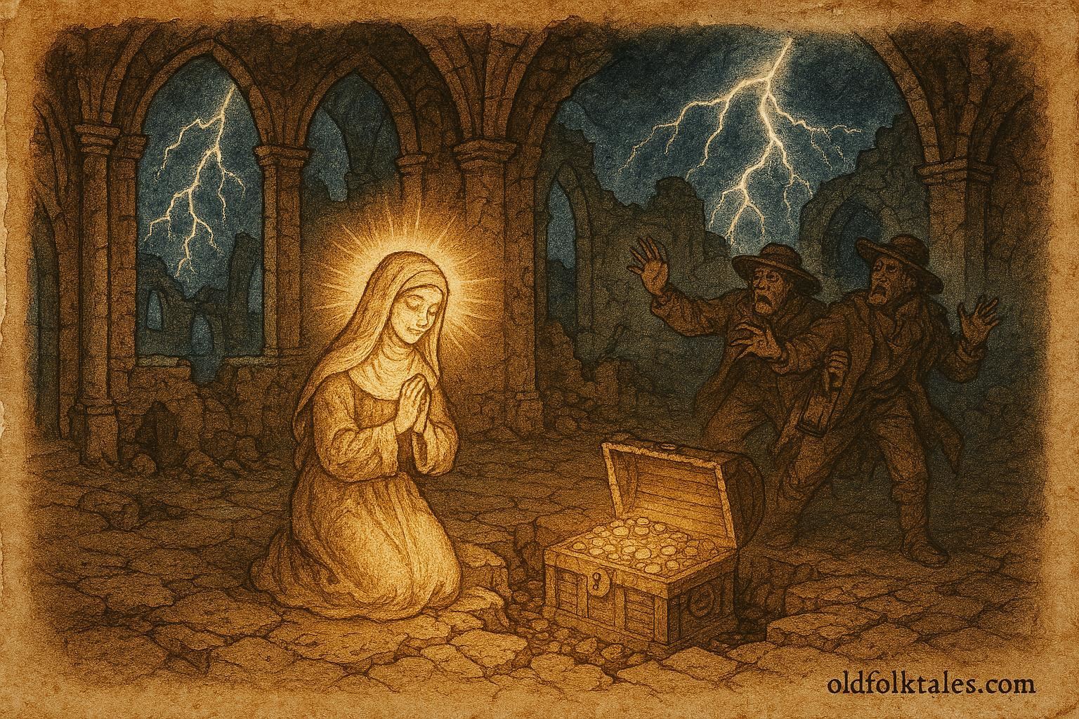 An illustration of a ghostly nun guarding a buried treasure in a colonial convent, Mexican folktale scene.