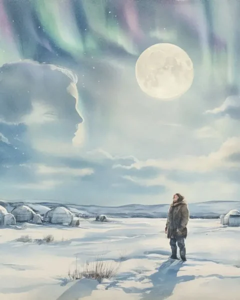 A glowing moon with a woman’s face and a hunter gazing upward, inspired by an Inuit folktale from Canada.