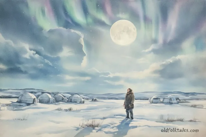 A glowing moon with a woman’s face and a hunter gazing upward, inspired by an Inuit folktale from Canada.