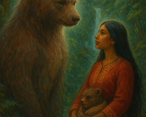 Illustration of a Quechua woman and a glowing bear spirit in the misty Peruvian cloud forest, symbolizing love between human and spirit worlds.
