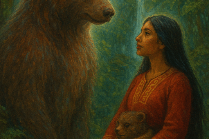Illustration of a Quechua woman and a glowing bear spirit in the misty Peruvian cloud forest, symbolizing love between human and spirit worlds.