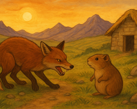 Illustration of clever Cuy the guinea pig tricking greedy Atuq the fox beside an Andean river