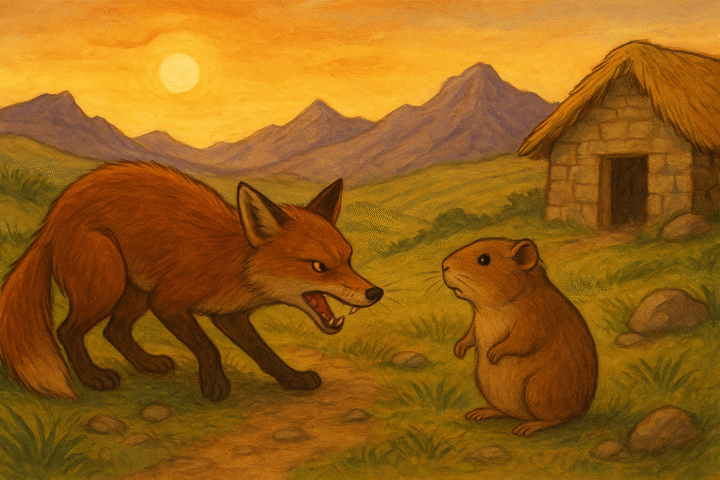 Illustration of clever Cuy the guinea pig tricking greedy Atuq the fox beside an Andean river