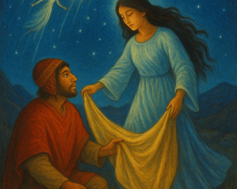 Illustration of the shepherd kneeling before a radiant star maiden under a starlit sky, as other celestial maidens descend from the heavens.