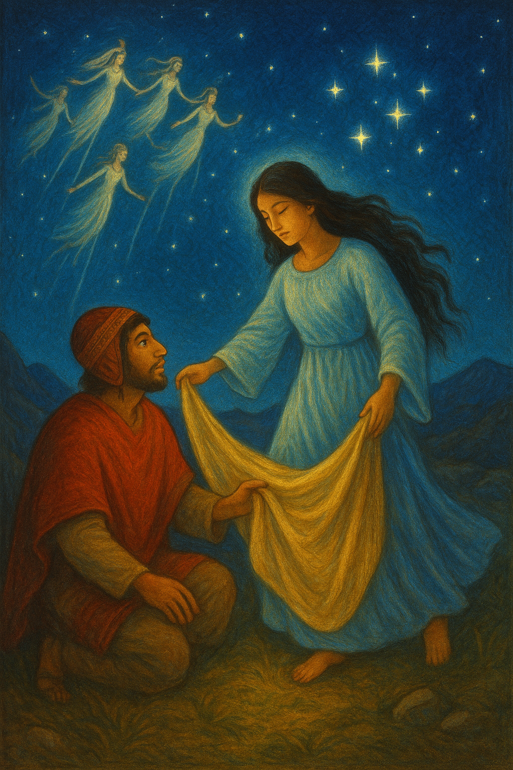 Illustration of the shepherd kneeling before a radiant star maiden under a starlit sky, as other celestial maidens descend from the heavens.