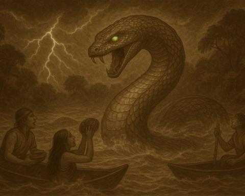 Sepia illustration of Yacumama, the giant serpent guardian of the Amazon, emerging from stormy waters with glowing emerald eyes as villagers offer songs and gifts in reverence.