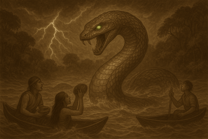 Sepia illustration of Yacumama, the giant serpent guardian of the Amazon, emerging from stormy waters with glowing emerald eyes as villagers offer songs and gifts in reverence.