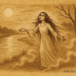 Parchment-style artwork of La Llorona crying by a moonlit river, Mexican folktale scene.